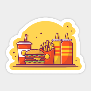 Burger, French fries And Soft Drink With Mustard And Sauce Cartoon Sticker